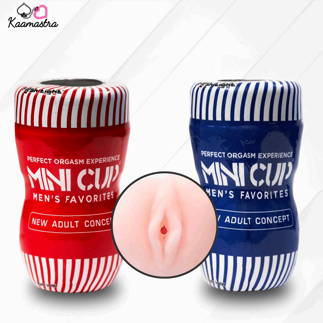Two 'Mini Cup' products in red and blue with striped patterns on a white background, featuring the brand ''.
