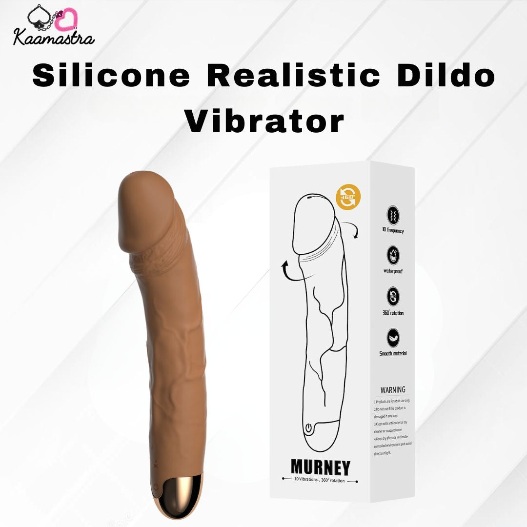 Silicone realistic dildo vibrator with packaging on a white background