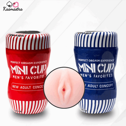 Two 'Mini Cup' products in red and blue with striped patterns on a white background, featuring the brand ''.