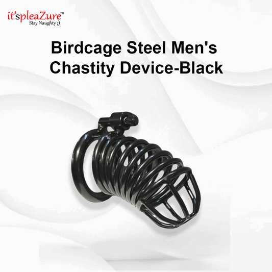 Black chastity device on a white background with 'it's pleazure' branding.