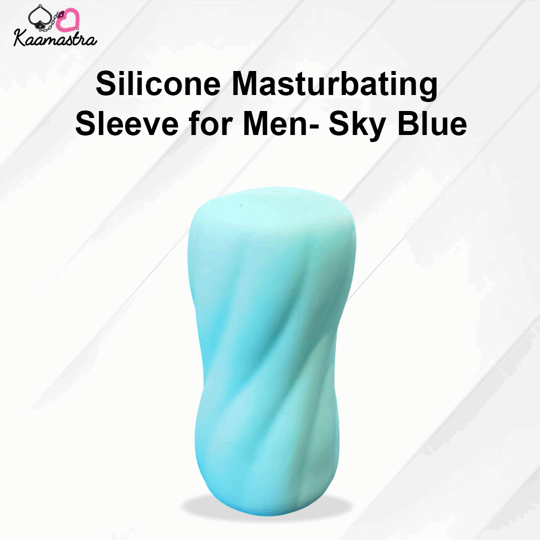Silicone masturbating sleeve in sky blue color on a white background with '' branding.