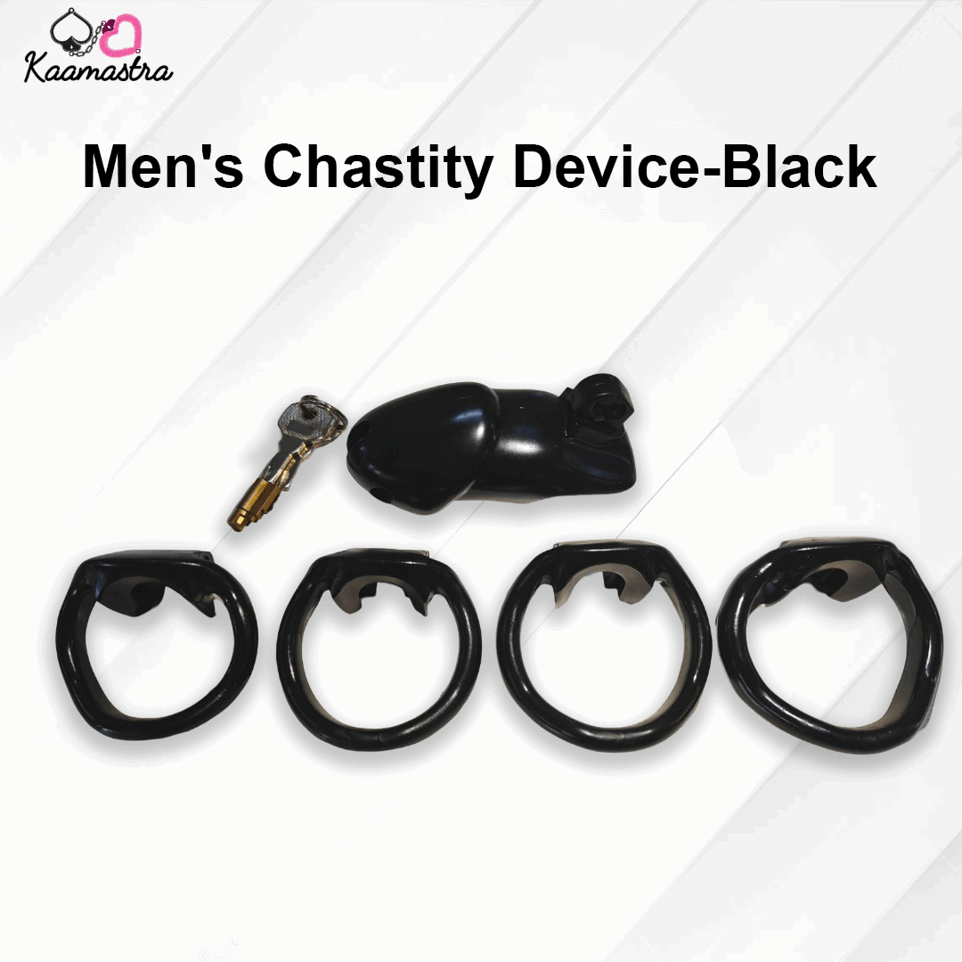 Men's chastity device with key on a white background, branded ''.